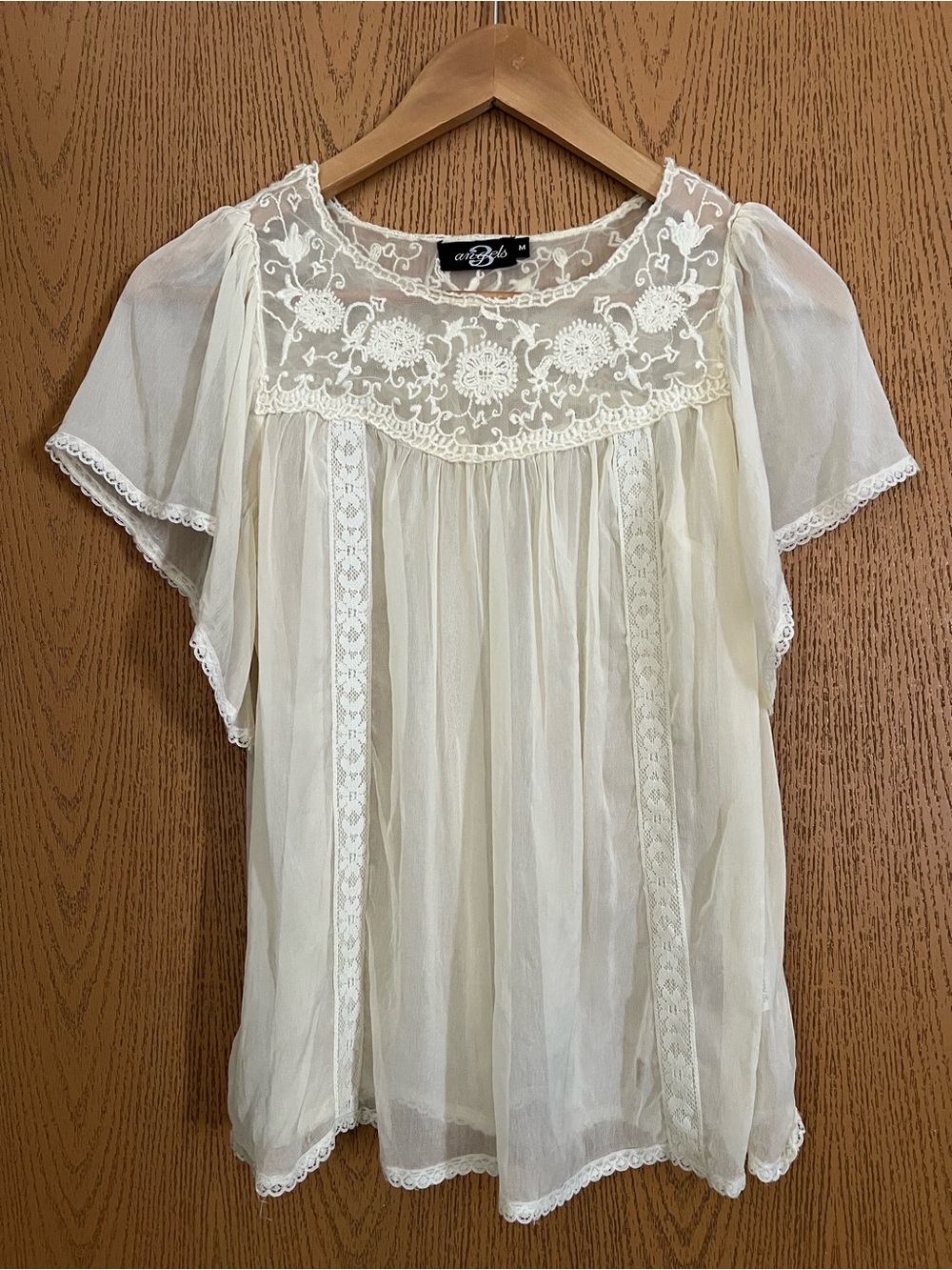 3 Angels Cream Lace Yoke Peasant Top
